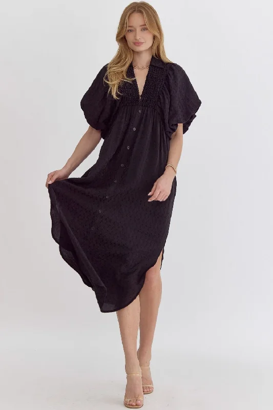 Tiered Dresses for Voluminous -Easy Going Textured Black Midi Dress