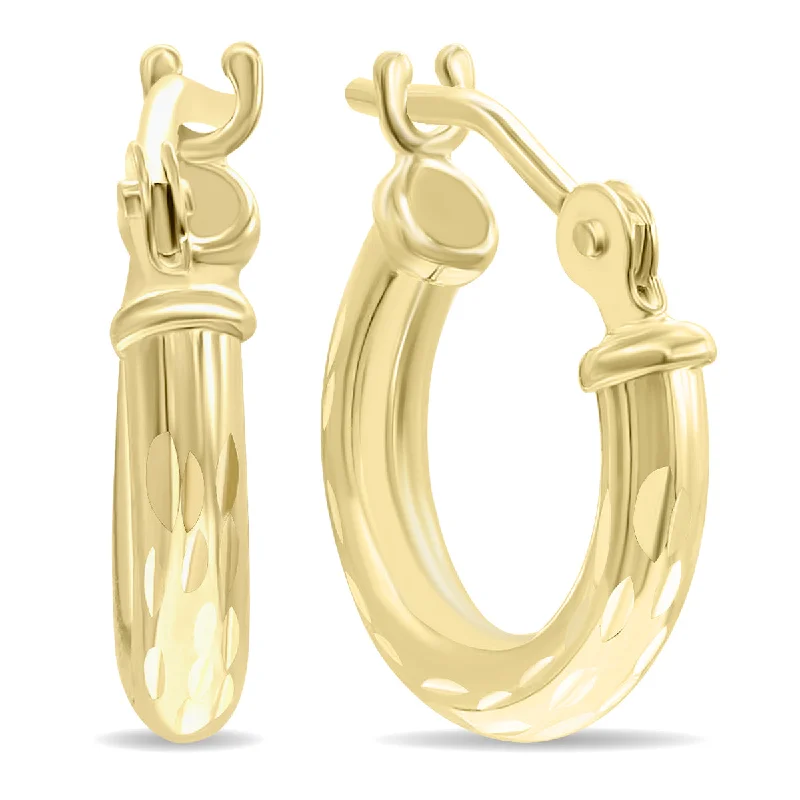 Drop Earrings for Travel Look -10K Yellow Gold Shiny Diamond Cut Engraved Hoop Earrings 12Mm