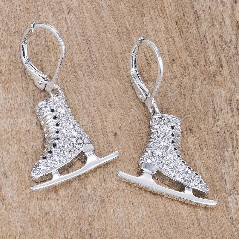 Drop Earrings with Leaf Motifs -Delicate 0.85Ct Rhodium Plated Ice Skate Earrings - 33mm x 18mm x 4mm