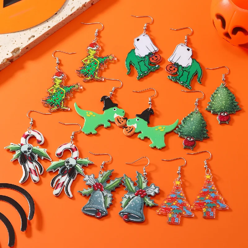 Drop Earrings for Party Look -Wholesale Halloween Christmas Tree Bells Little Dinosaur Cane Demon Funny Earrings