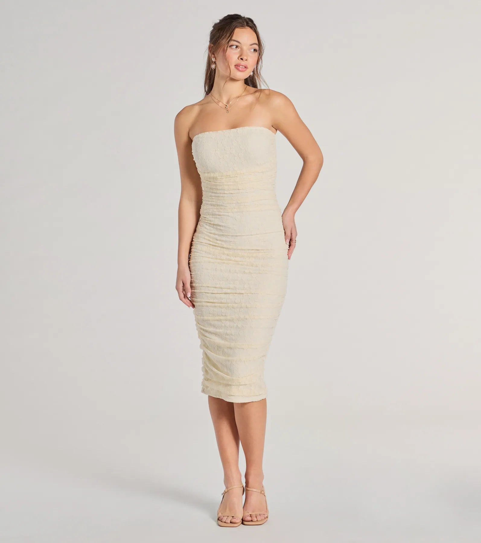 Low-waisted Dresses for Relaxed -Lacey Affair Strapless Bodycon Midi Dress