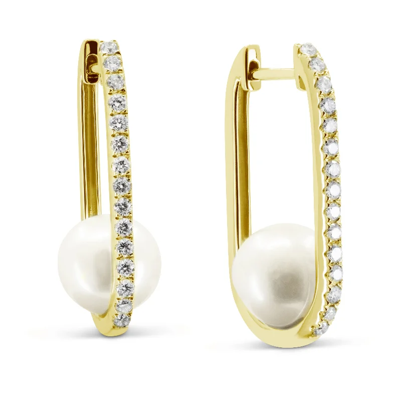 Magnetic Closure Drop Earrings for Easy -Ct Pearl Hoops Earrings In 14K Yellow Gold