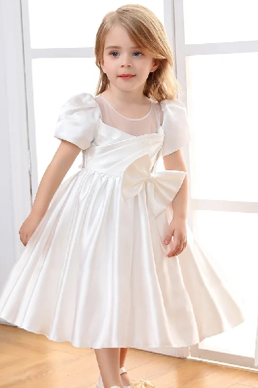 Short-sleeved Dresses for Summer -A-Line Illusion Neck Short Sleeves Satin Flower Girl Dresses With Bow(s)  669333816098