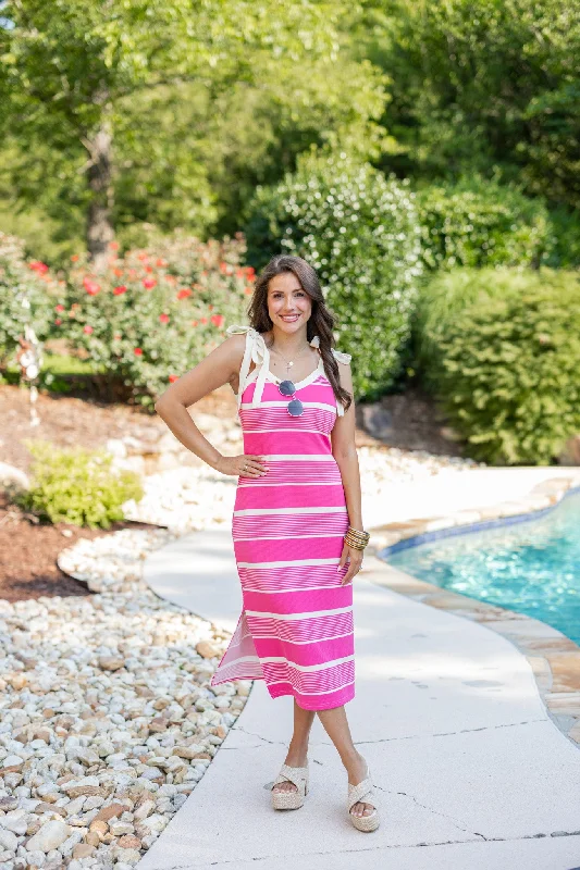 Tie-up Dresses for Decorative -Coastal Stripes Pink Midi Dress