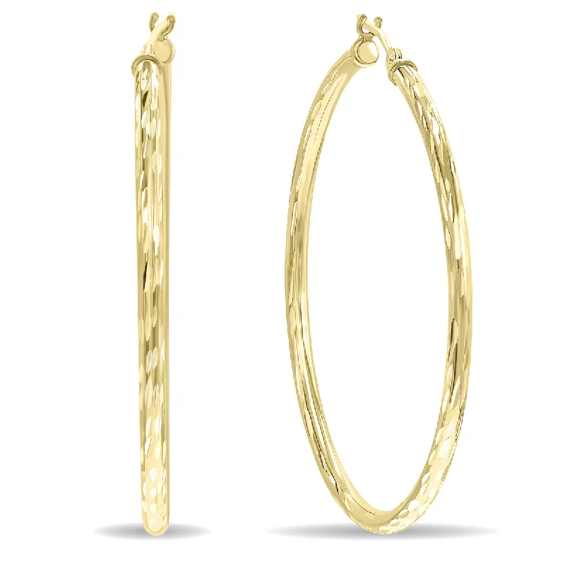 Ethnic Drop Earrings with Tribal Design -14K Yellow Gold Shiny Diamond Cut Engraved Hoop Earrings 40Mm