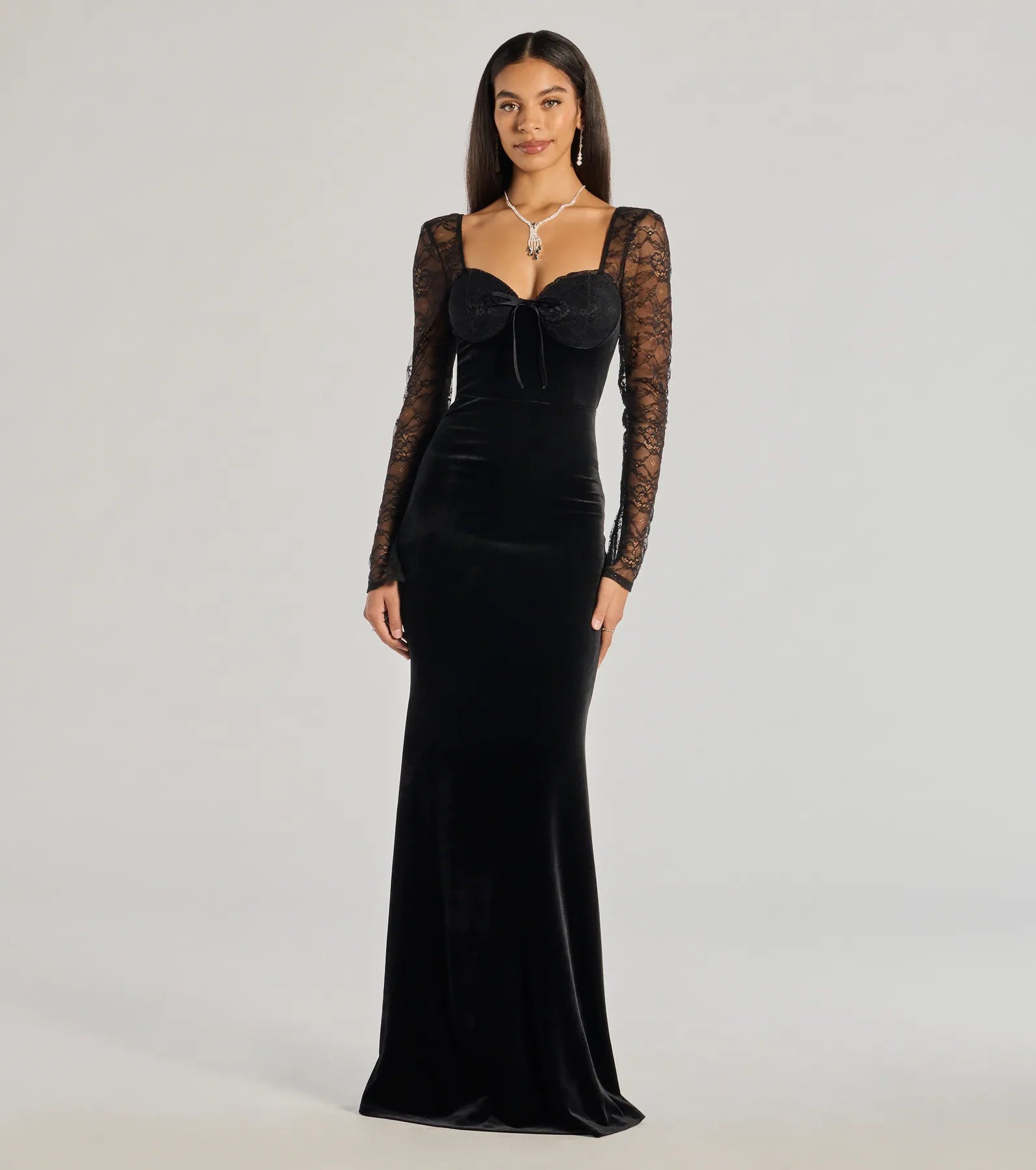 Bridesmaid Dresses for Ceremony -Jaya Long Sleeve Lace And Velvet Bodycon Dress