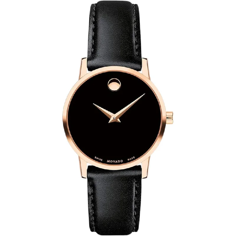 Simple leather strap watches for women with elegant and understated style -MOVADO Women's 0607320 Museum Classic Black Dial Rose Gold Watch 28mm