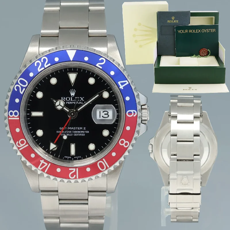 Classic wristwatches for men with elegant design and classic leather band -2004 MINT Rolex GMT-Master II 2 Pepsi 40mm Steel 16710 NO HOLES Black Watch Box