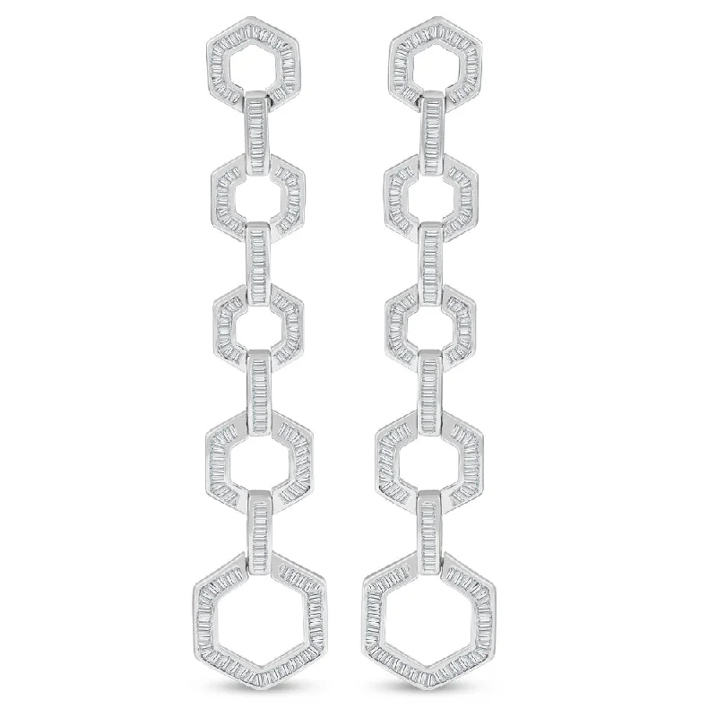 Round Drop Earrings for Classic -3.80Ct TW 18k White Gold 2 3/4" Dangle Hexagon Baguette Diamond Dangle Earrings