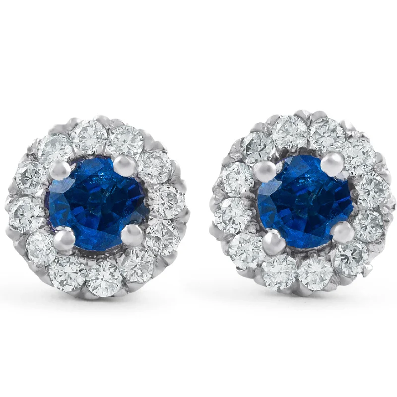 Hoop earrings with removable pendants for a versatile and customizable accessory-1ct Halo Blue Sapphire Round Cut Diamond Studs 14k White Gold