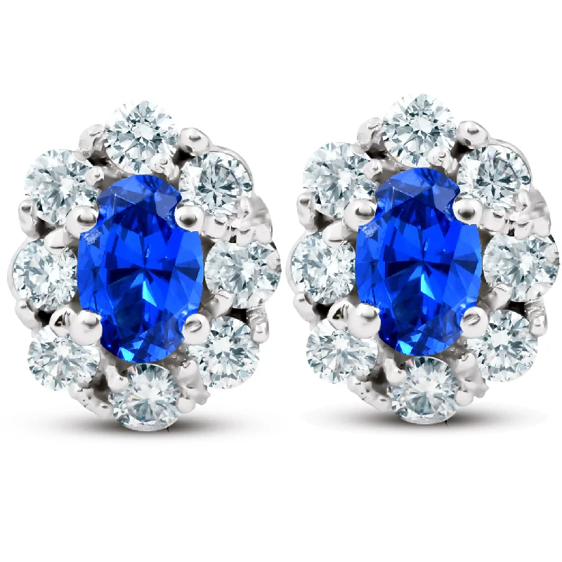 Hoop earrings with polished metal for a shiny and high-quality finish-3 Ct Blue Sapphire & Diamond Halo Studs 14k White Gold