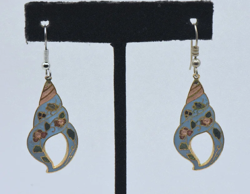 Best hoop earrings with delicate chain details for a trendy and stylish design-Vintage Gold Tone and Enamel Spiral Seashell Floral Dangle Earrings