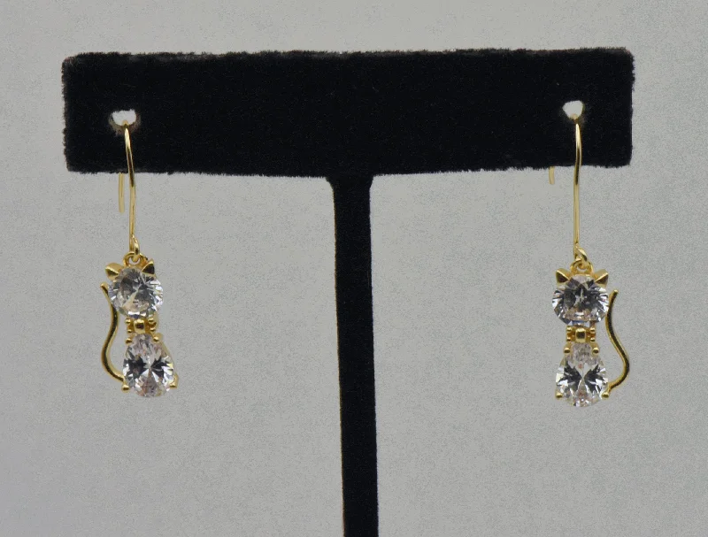 Hoop earrings with a matte finish for a sleek and sophisticated appearance-Vintage Cubic Zirconia Cat Gold Tone Sterling Silver Earrings