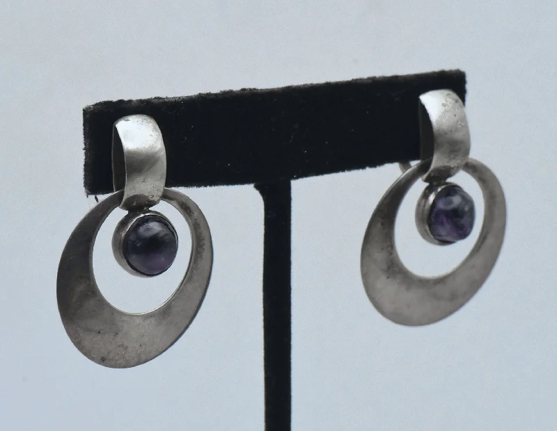 Best hoop earrings with vintage coins for a retro, antique-inspired style-Vintage Handmade Modernist Amethyst and Silver Screw Back Earrings