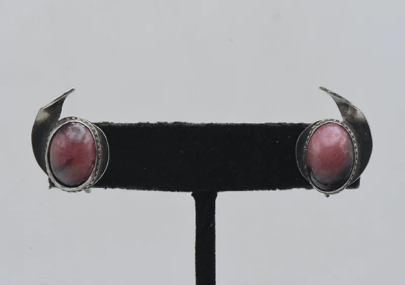 Hoop earrings with tortoiseshell designs for a chic and classic style-Vintage Handmade Rhodonite Sterling Silver Screw Back Earrings