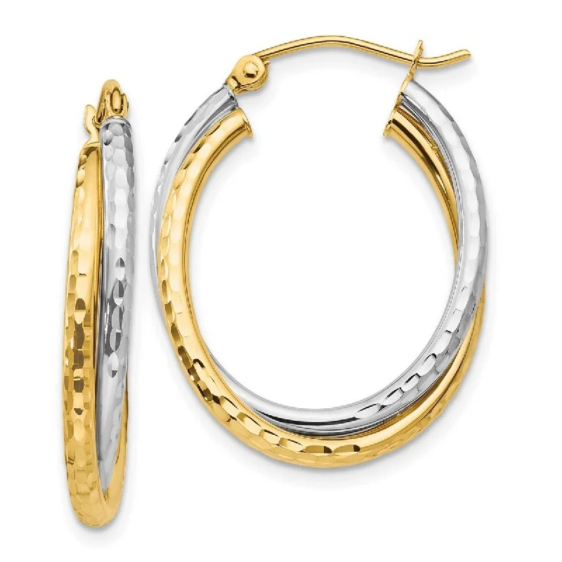 Hoop earrings with gold accents for a warm, elegant statement piece-Curata 14K Two-tone Gold 17x5mm Double Diamond-cut Oval Hoop Earrings