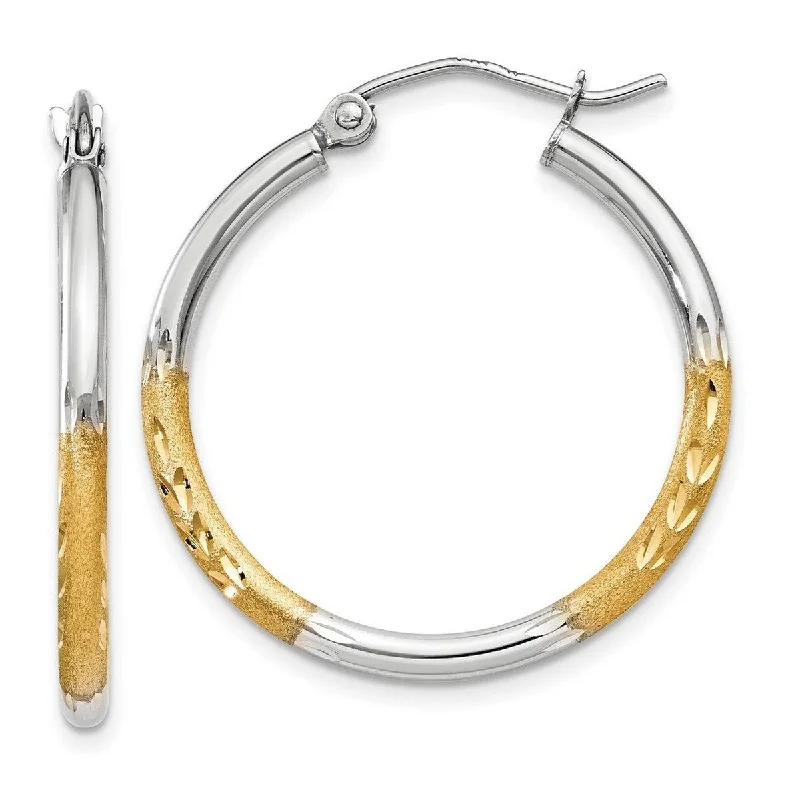 Best hoop earrings with geometric pendants for a modern, chic appeal-Curata 14k Yellow Gold and Rhodium 20x2mm Satin and Diamond Cut Hoop Earrings