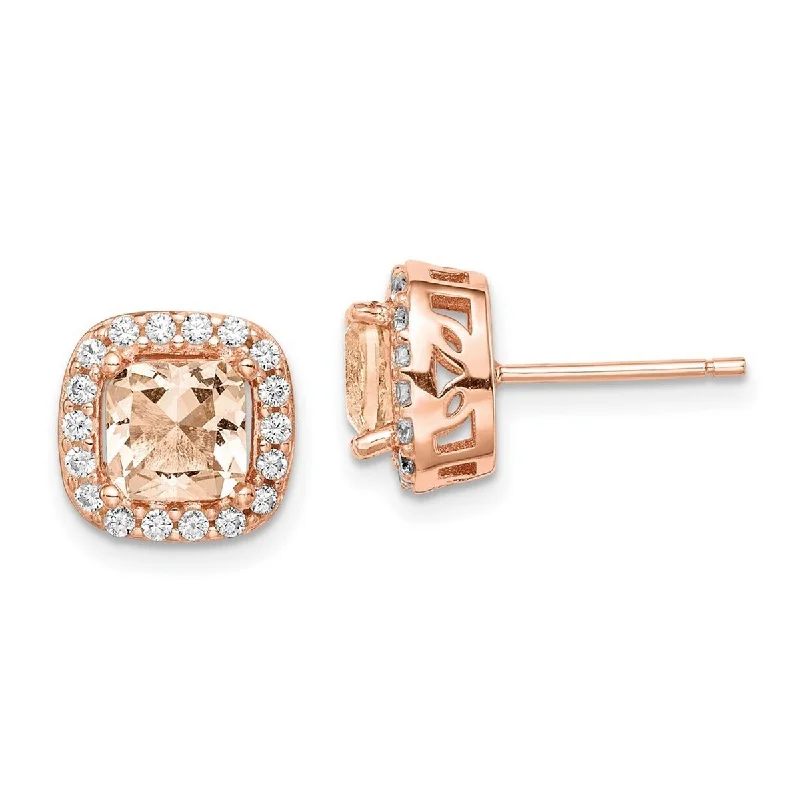 Best hoop earrings with asymmetrical designs for a fashion-forward, avant-garde look-Curata 925 Sterling Silver Rose-gold plated Square Peach Simulated Morganite Halo Post Earrings (10mm)