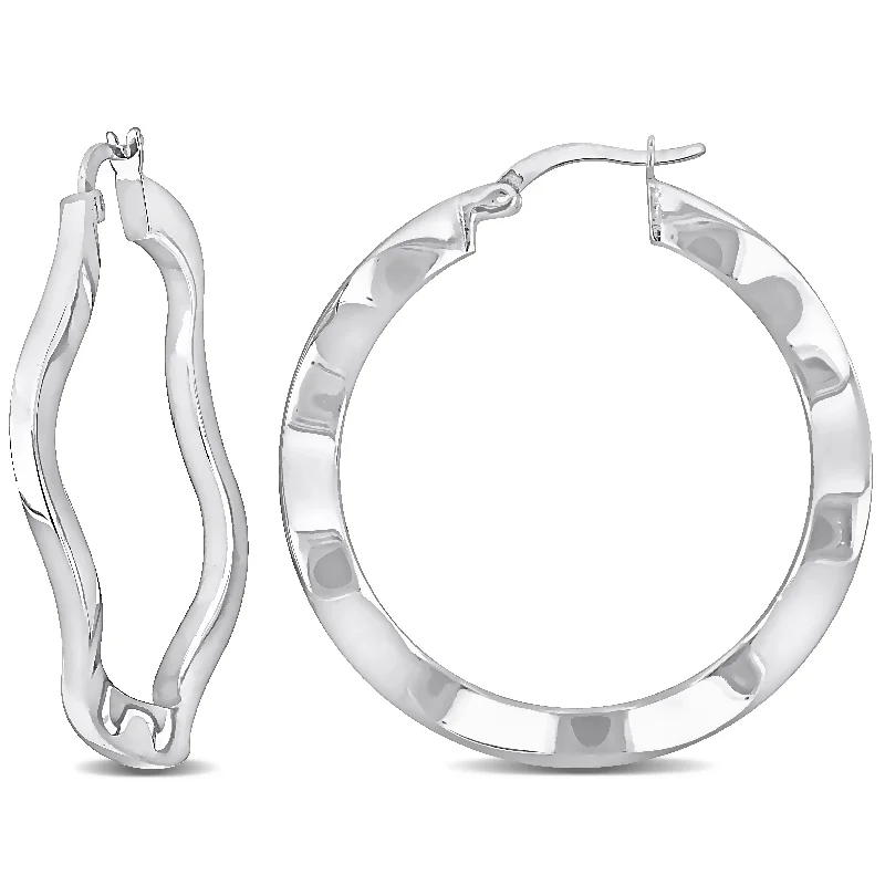 Hoop earrings with colorful beads for a fun and playful vibe-Mimi & Max 38x2.5mm Wave Hoop Earrings in Sterling Silver