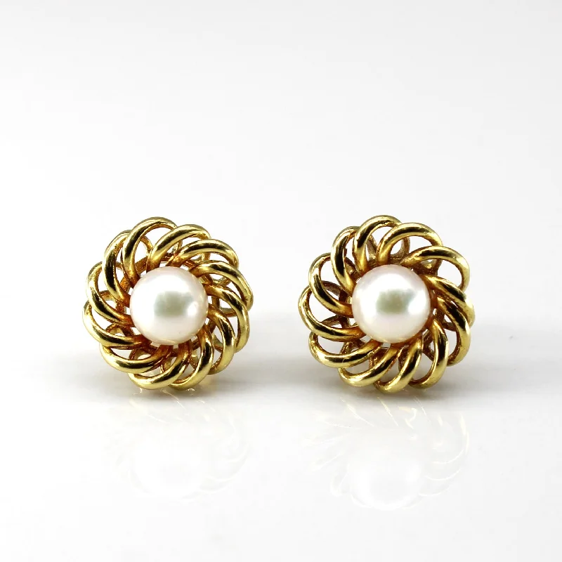 Hoop earrings with artistic filigree designs for an intricate, delicate finish-Spiral Gold Pearl Studs