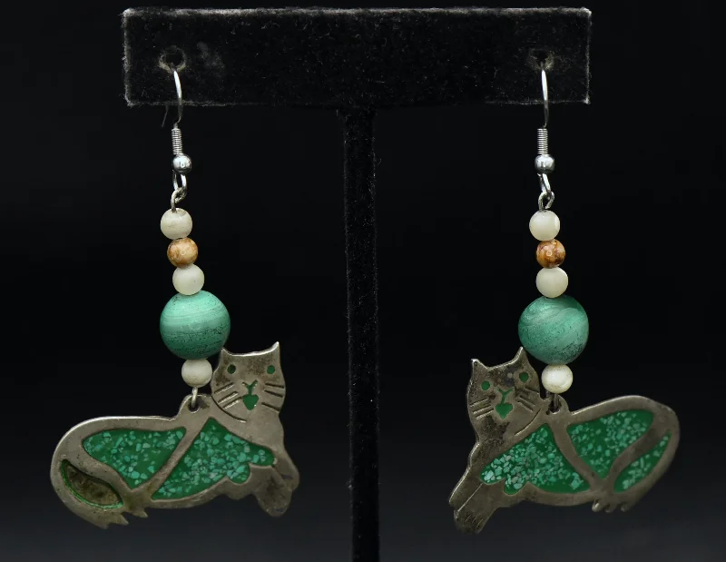 Best hoop earrings with stacked layers for a dimensional and bold look-Vintage Handmade Alpaca and Malachite Cat Earrings